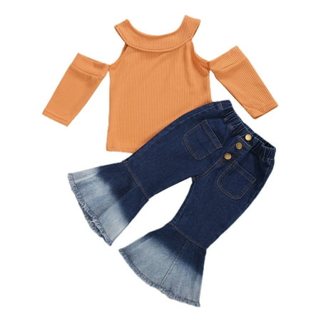 

Kids Toddler Girl Clothes Knit Top Bell Bottom Jeans Set Fall Winter Outfit