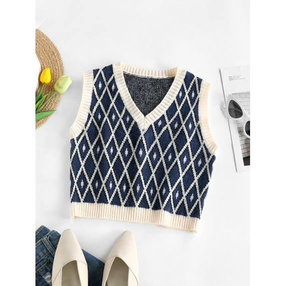 ZAFUL Argyle Contrast Ribbed Trim Crop Vest Sweater