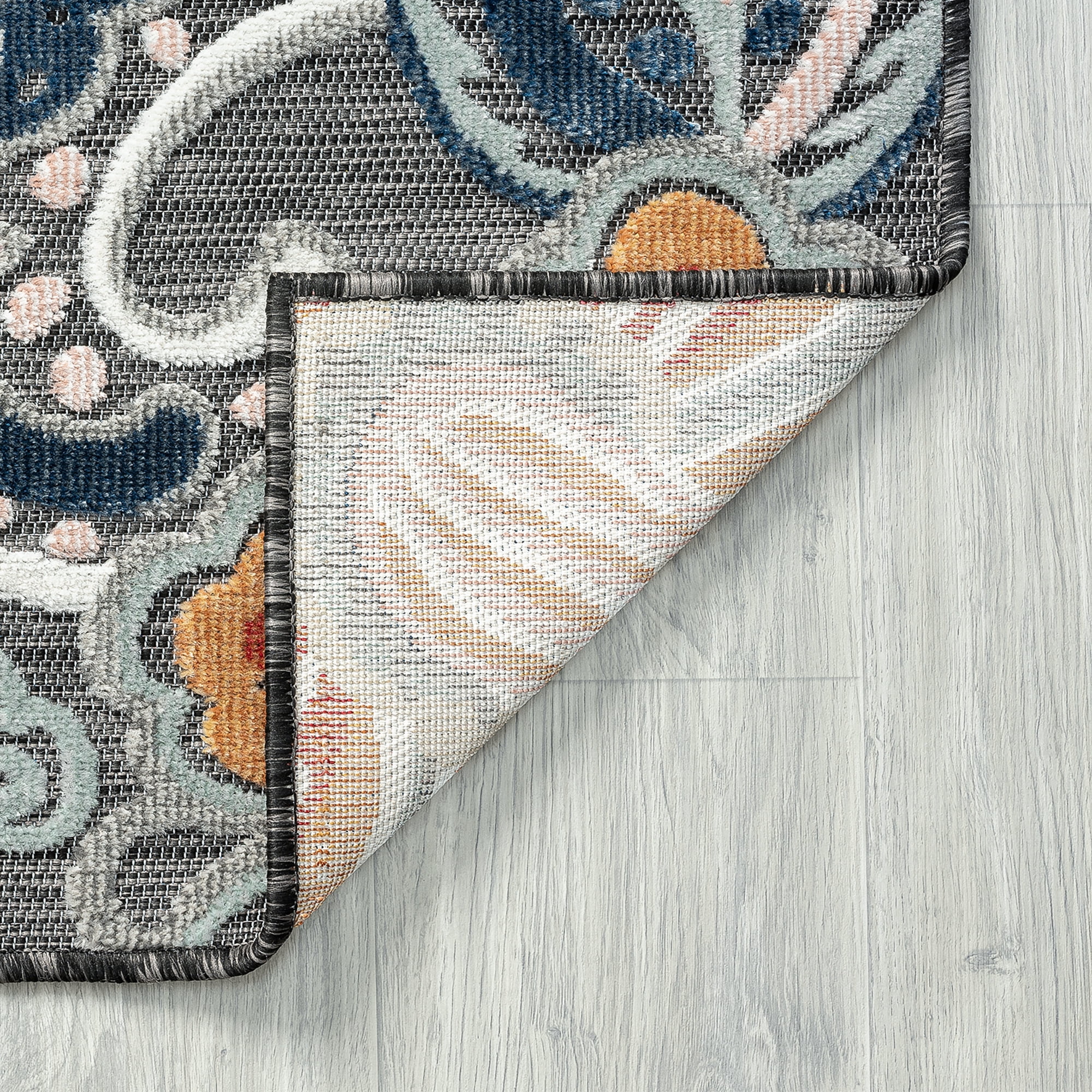 Bliss Rugs Floral Indoor Outdoor Rug Water Resistant Runner Rug for Patio, Hallway, Entryway, Deck, Black ,2' x 8'