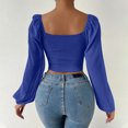 thumbnail image 4 of Pincandy Women's Long Sleeve Mesh Solid Color Drawstring V-Neck Cropped Top Blouse,Blue,S, 4 of 9