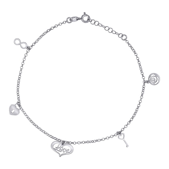 925 Sterling Silver Women Love Charms Anklet 10 Inch 12.2mm Long Anklet for Women - 2.4 Grams