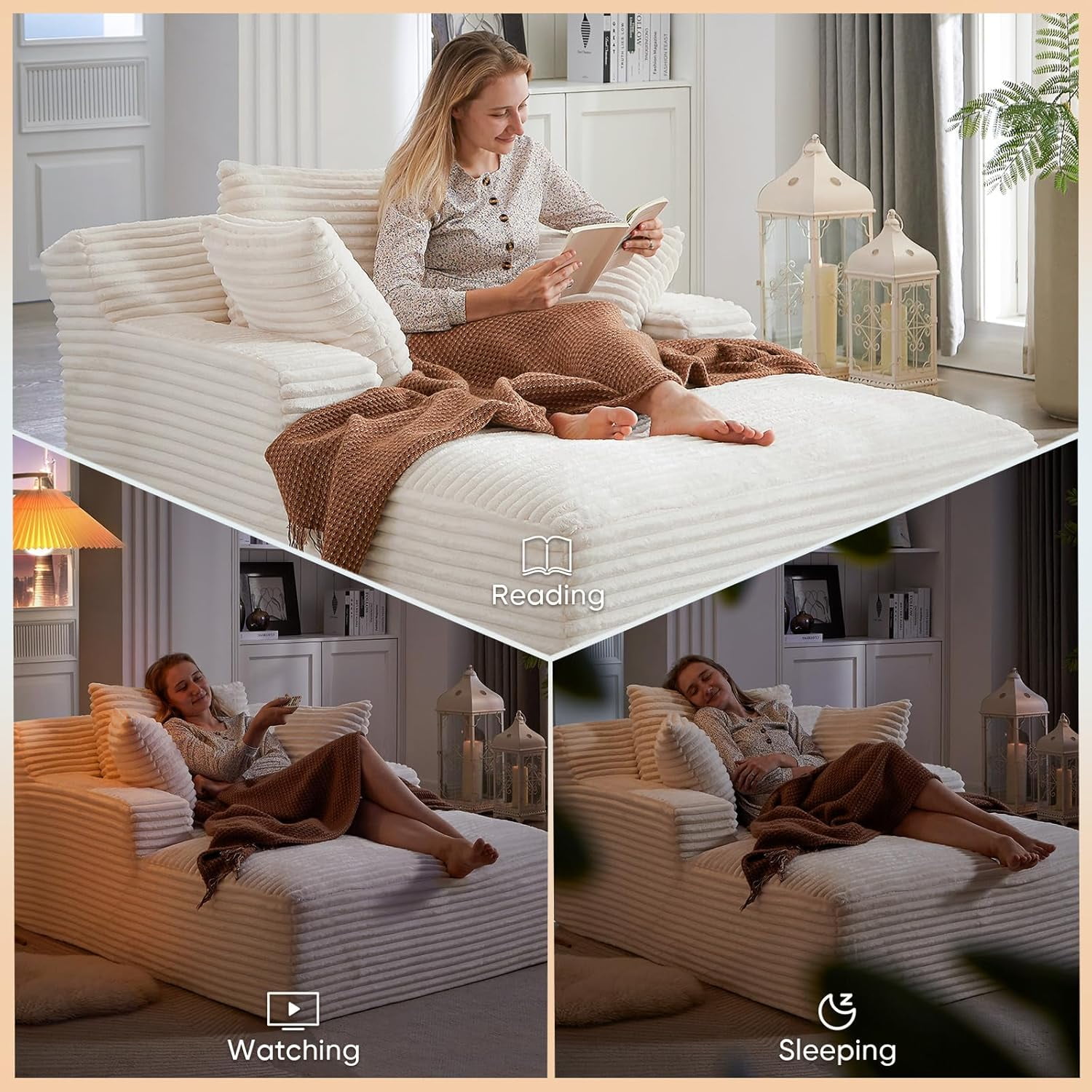 AENKYO 50" Chaise Lounge Sofa Bed with 3 Pillows, Convertible Sleeper Couch for Living Room, Bedroom & Small Spaces - Corduroy Upholstered Deep Seat Comfy Furniture - White