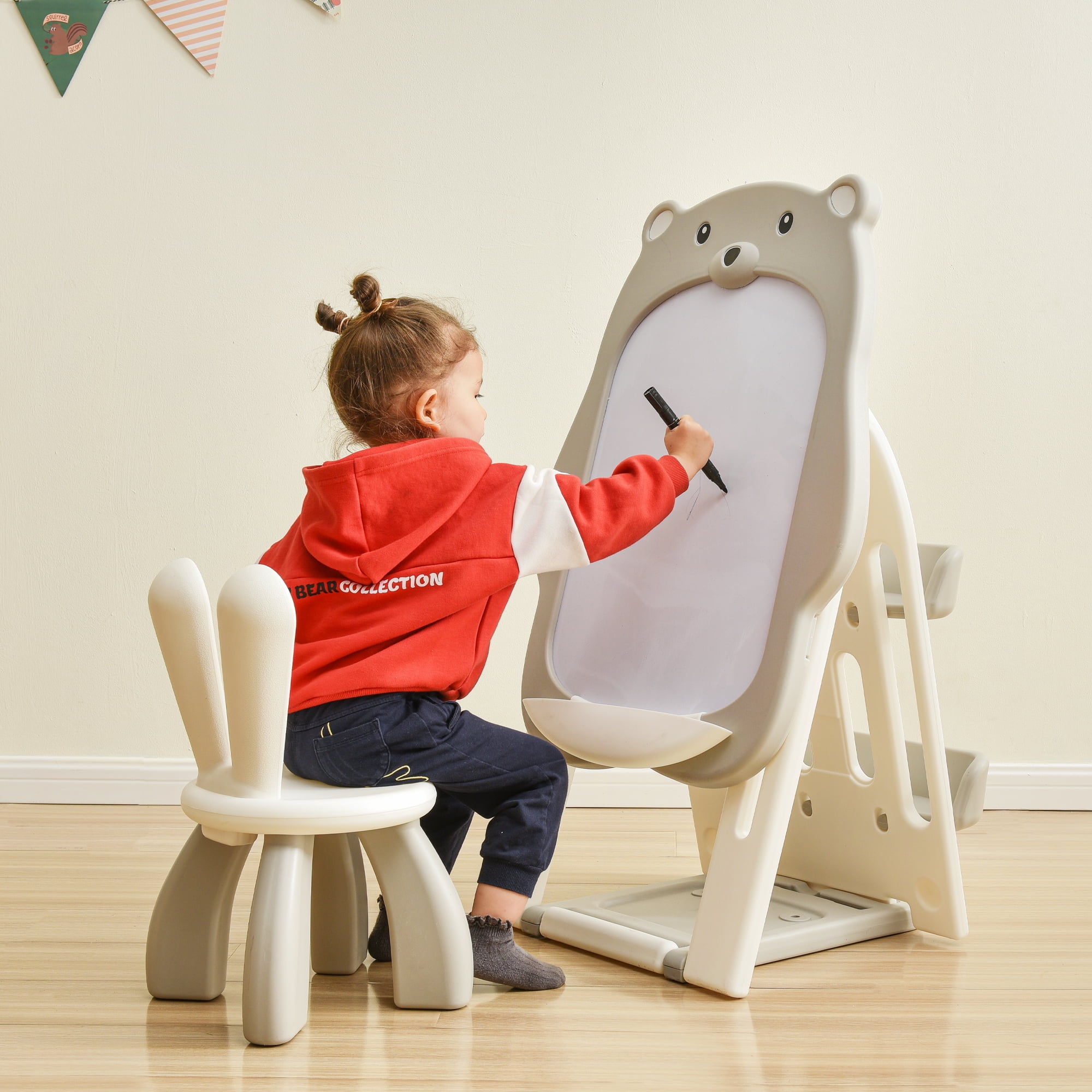 Ufurpie Folding Kids Art Easel with Stool and Adjustable Whiteboard