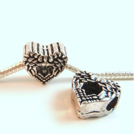 - 3 Beads - Double Angel Wings Fairy Heart Silver European Bead Charm E0887