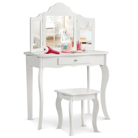 Costway Vanity Table Set Makeup Dressing Table Kids Girls Stool Mirror