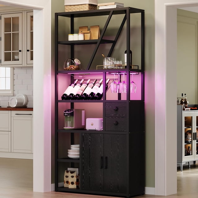 Wine Bar Cabinet with LED Lights and Power Outlets – Tall Coffee Bar Station with Wine Rack, Kitchen Microwave Stand and Bakers Rack – Stylish Cabinet for Living Room, Home Bar, Black