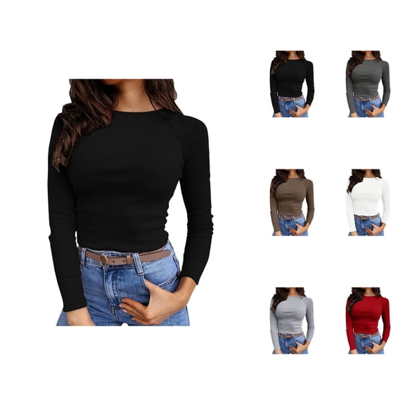 Long Sleeve Shirts for Women 2026 Spring Basic Undershirt Ribbed Crewneck Slim Fit Plain Blouse