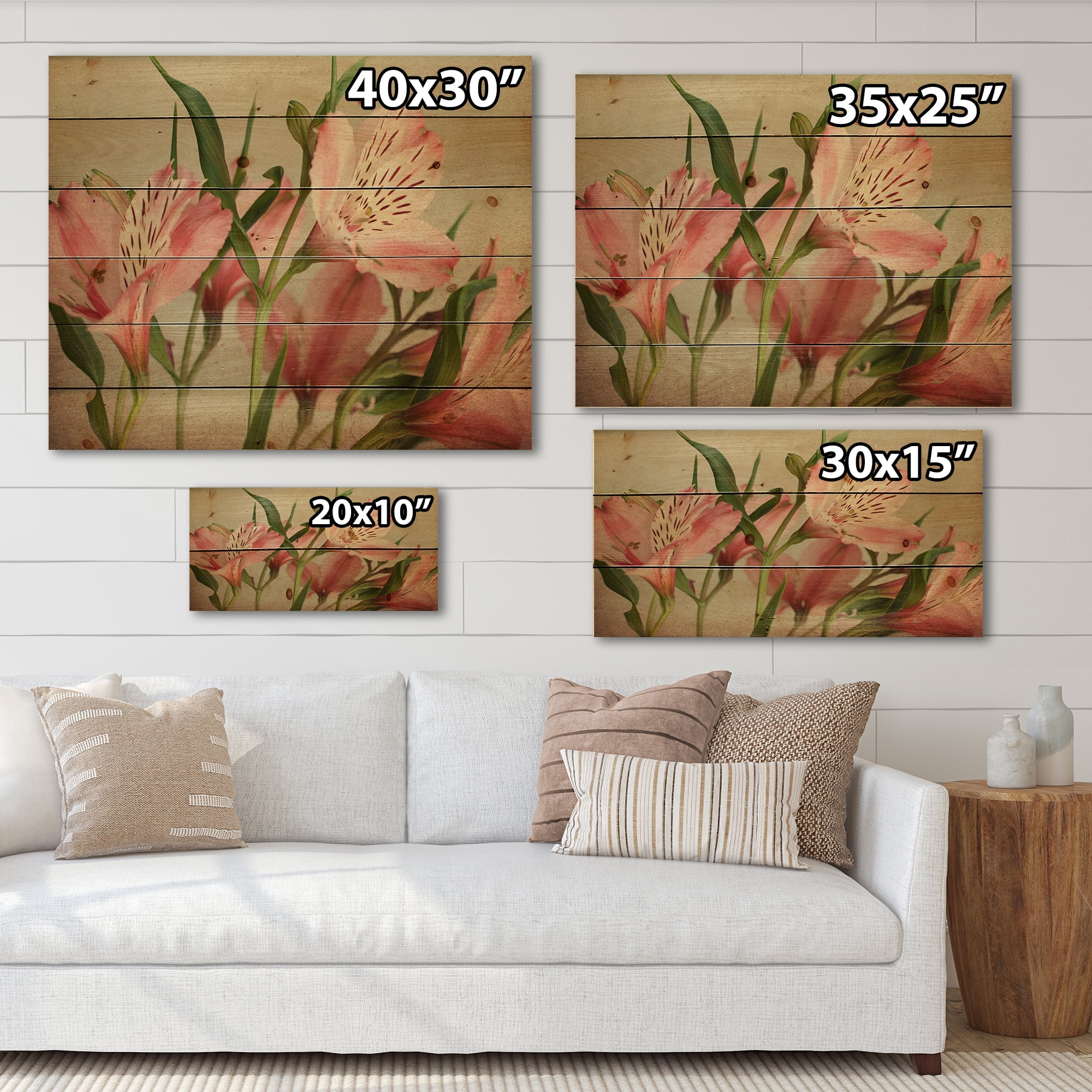 Designart 'Alstroemeria Flower Retro ' Traditional Print on Natural Pine Wood