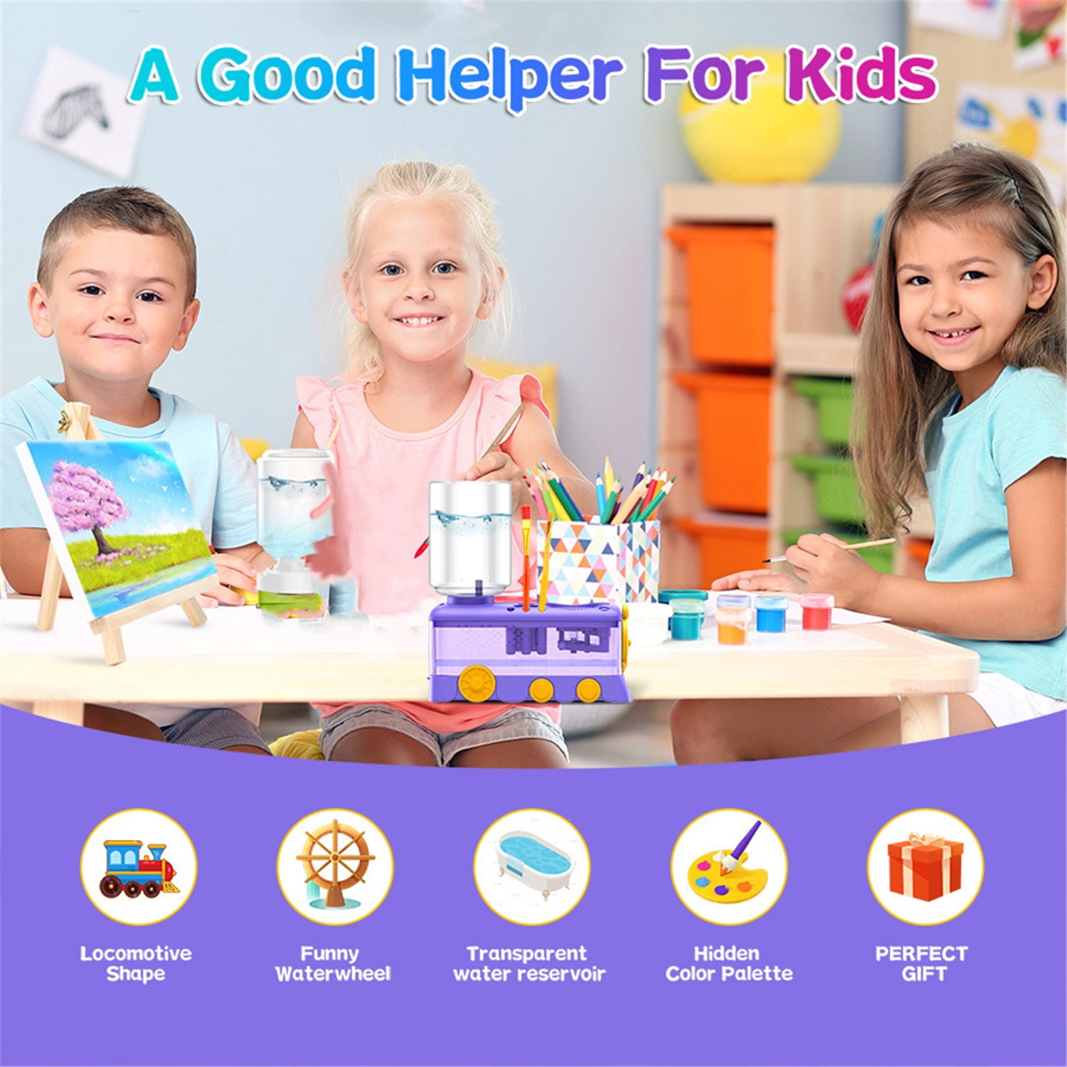 Professional 29-Piece Art Set: Train-Shaped Automatic Water-Cycle Paint Brush Cleaner with Palette and 28 Premium Nylon Paintbrushes for Kids, Students, and Artists