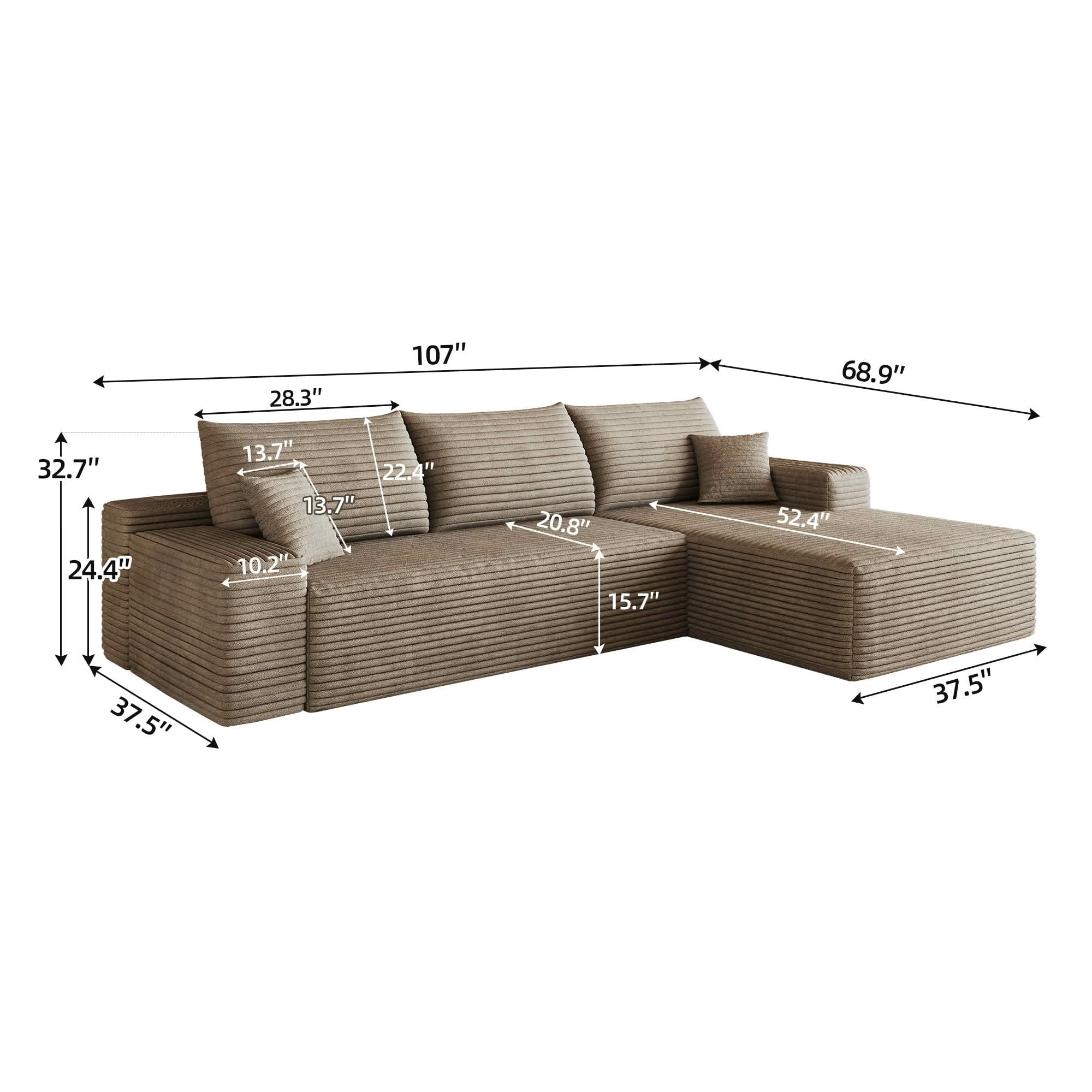 MAYEERTY 107 Inch L‑Shape Cloud Sectional Couch with Chaise, Modern Modular Deep‑Seat Sofa, Plush Corduroy Upholstered Couch, No Assembly Required for Living Room Bedroom Apartment