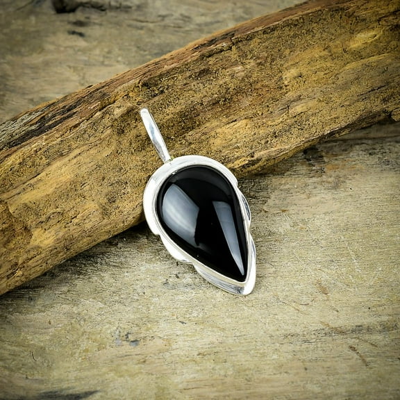 Black Onyx Gemstone Handmade 925 Sterling Silver Jewelry Pendant 1.85"
