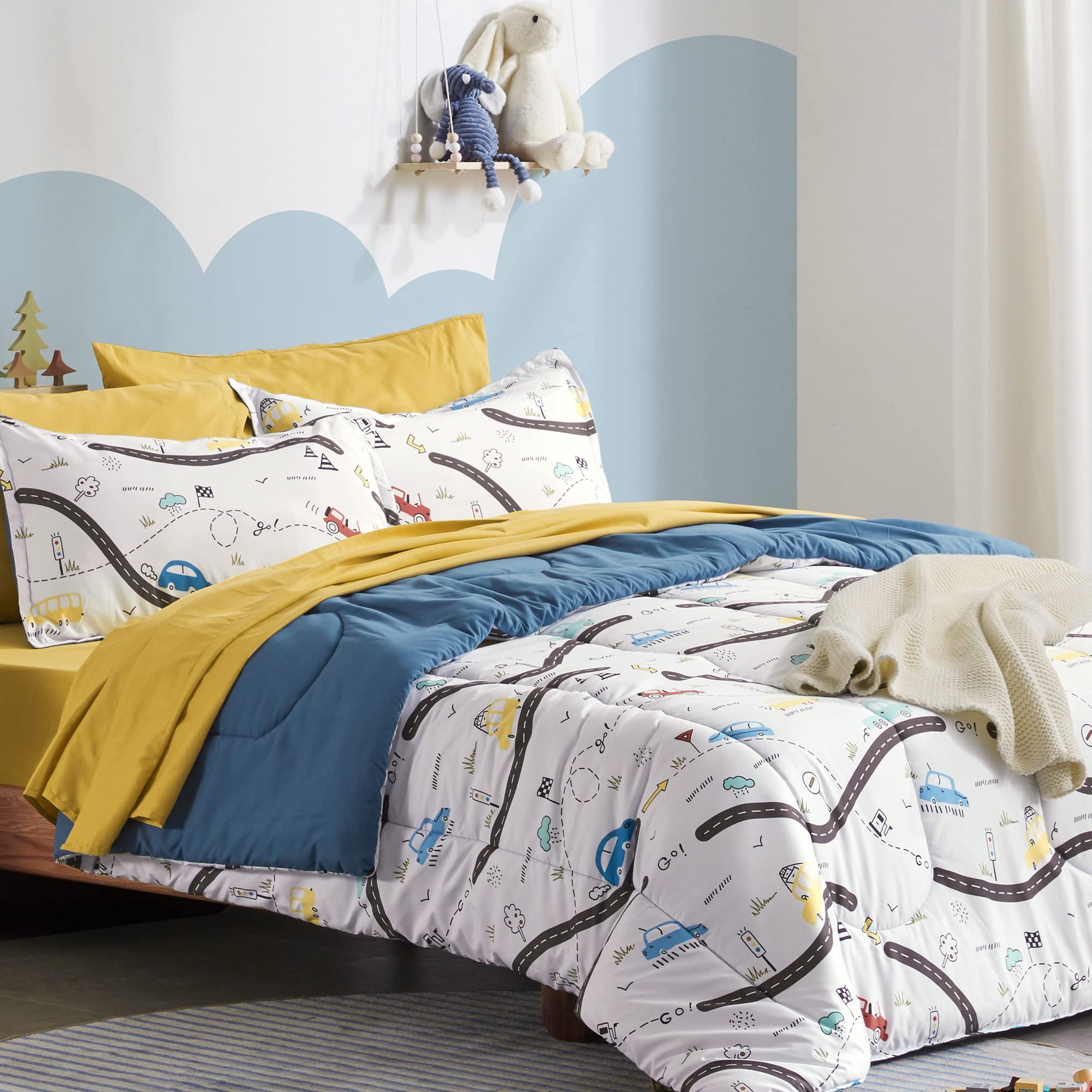 Sleep Zone Kids Bedding Comforter Set Full/Queen Size - Super Soft & Cute Printed 3-Piece Comforter Set All Seasons for Boys, Girls, Fade Resistant, Machine Washable, Car Road