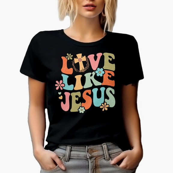 Distressed Retro Wavy Love Like Jesus Text Art Merch Gift, Black T-Shirt, Small