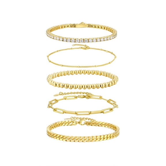 5Pcs Gold Stack Bracelets for Women Moissanite Layered Bracelet Chain 18K Gold Plated 925 Sterling Silver Stackable Bracelets Sets Jewelry Accessories 16.5CM