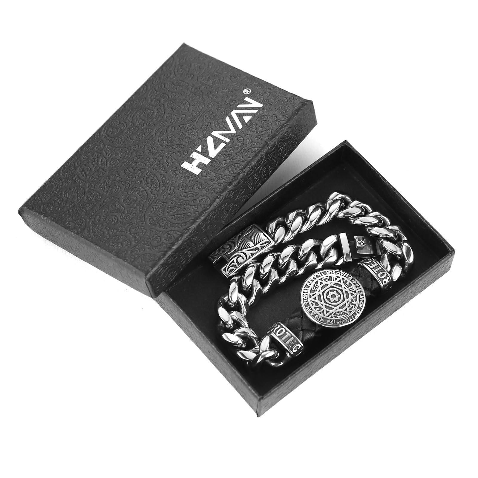 HZMAN 8.5Inch Cuban Chain Bracelet Classic Heavy Stainless Steel Bracelet for Men Biker Seal of Solomon Medal Link Bracelet Jewelry Gift