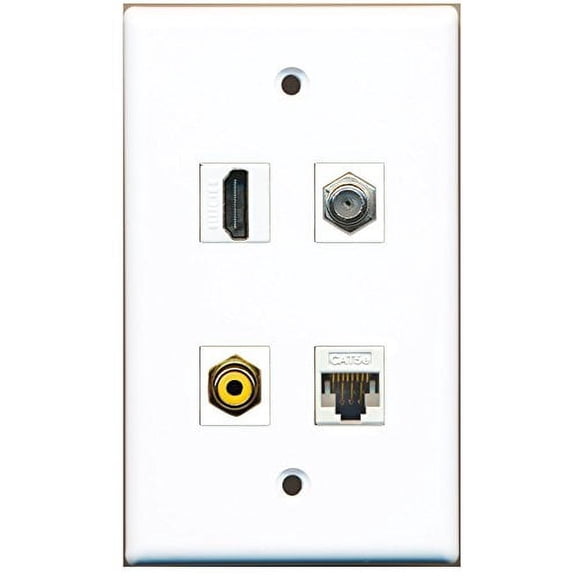 RiteAV - 1 Port HDMI 1 Port RCA Yellow 1 Port Coax Cable TV- F-Type 1 Port Cat5e Ethernet White Wall Plate