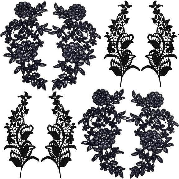 1bag 8Pcs 2 Styles Flowers Embroidery Lace Appliques Fabric Floral Sew on Applique Vintage Collar Neckline Trim Patches for Sewing Wedding Dress Clothing Hat Bag Jeans Pillow DIY Decor Black