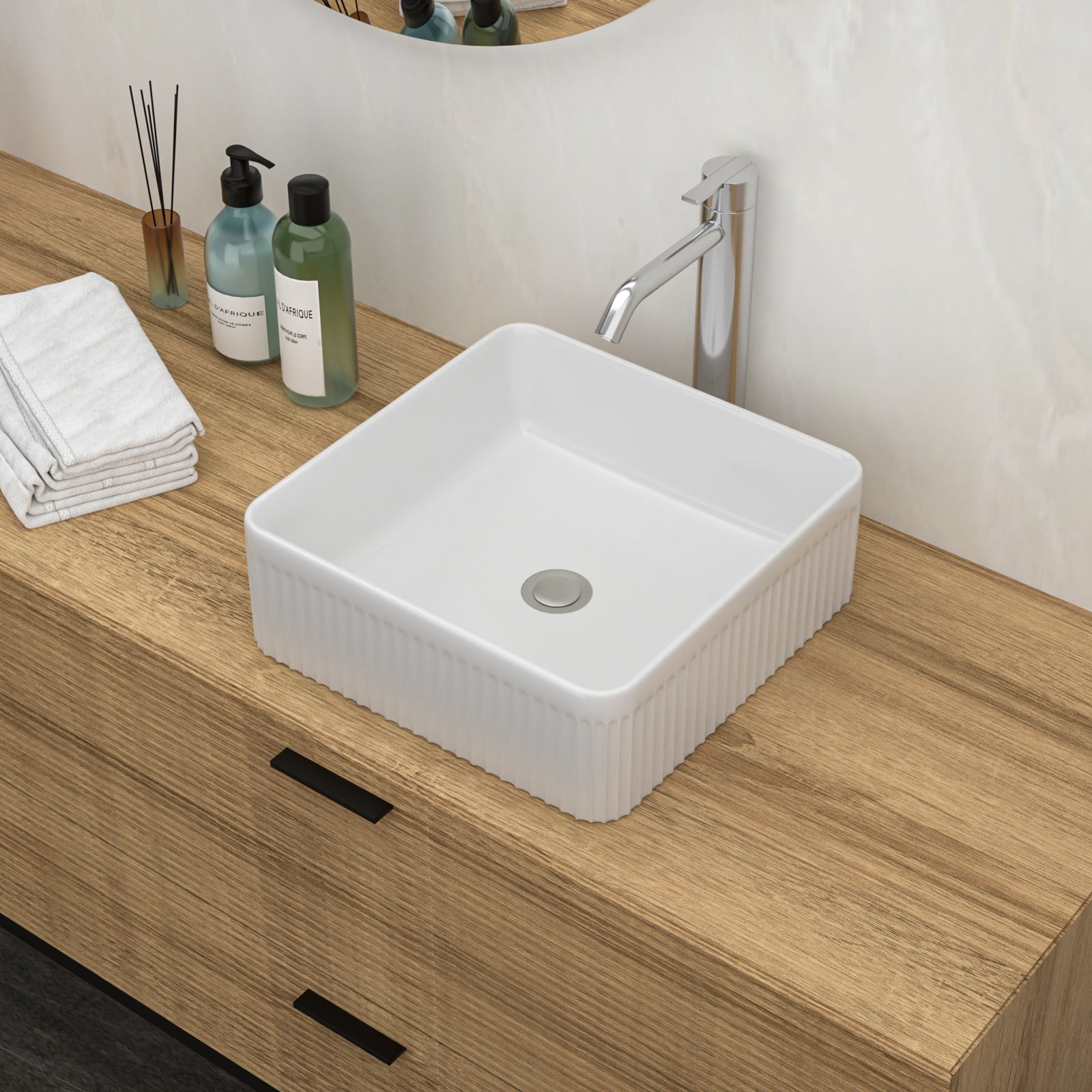 15.69"×15.69"×5.13" White Ceramic Rectangular Countertop Bathroom Sink