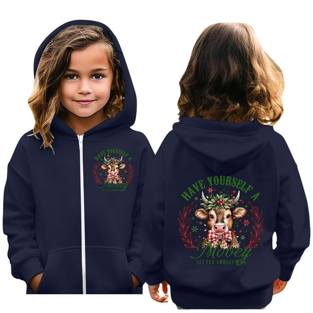 MIASHUI Chandail en Molleton Filles Hauts Garçons et Filles Décontracté Imprimé à Capuche Manches Longues, Bleu Foncé, 5-6 Ans