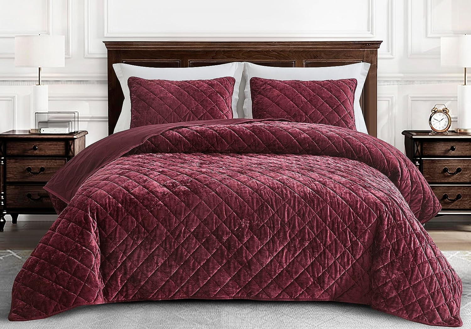 Chezmoi Collection Lux Burgundy Velvet Quilt King Set, 3-Piece Lush Plush Distressed Velvet Bedding All Season Lightweight Bedspread Brushed Microfiber Reverse with Diamond Stitch Quilting