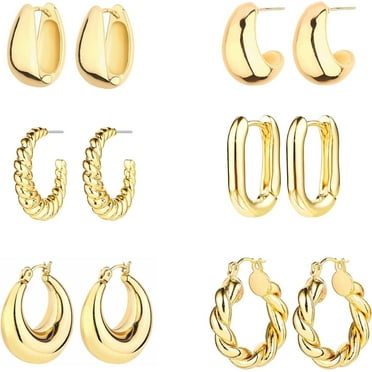 6 Pairs 14K Gold Hoop Earrings for Women Lightweight Chunky Hoop Earrings Multipack Hypoallergenic, Thick Open Twisted Huggie Hoops Earring Set Jewelry for Gifts.