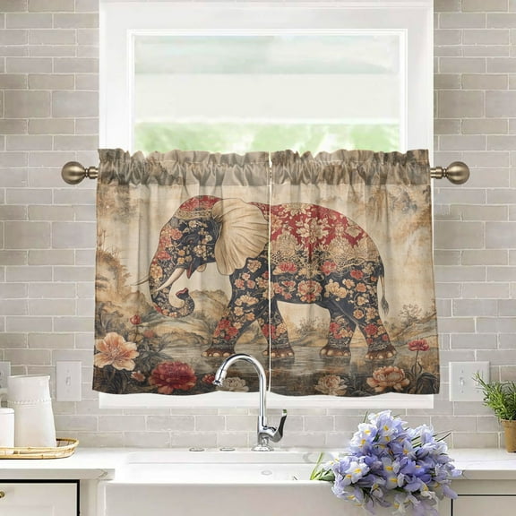 BZSMCE Set of 2 Pieces Kitchen Window Curtain Fashion He Ornate Elephant Printed 27x24in/27x36in