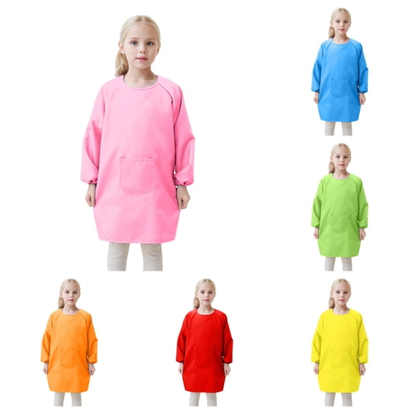 HCYSFG Girls Solid Color Art Smock Crewneck Raglan Long Sleeve Elastic Front Pocket Painting Apron School Tunic Top