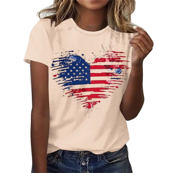 Odbmxy T Shirts for Women Short Sleeve Fourth of July Summer Womens Shirts Leisure Vacation Beige Heart Print Pullover Tops