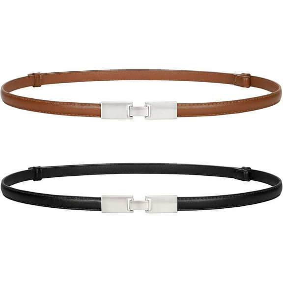 2 Pack Women Adjustable Thin Leather Belt Ladies Skinny Waist Belts for Dress Jean Slim Leather Belts for Women