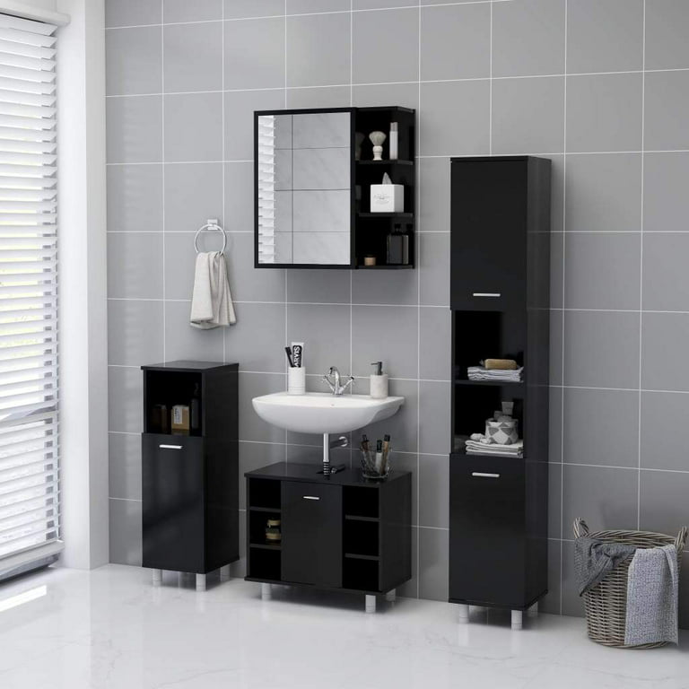 Glossy Bathroom Tallboy Cabinet with Mirror in Grey