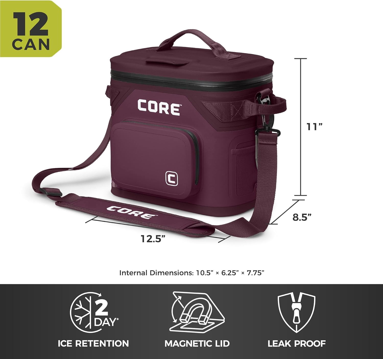 CORE 12 Can Climakeep Magnetic Soft Cooler, Leakproof Cooler, Waterproof Zipper, Mulbery