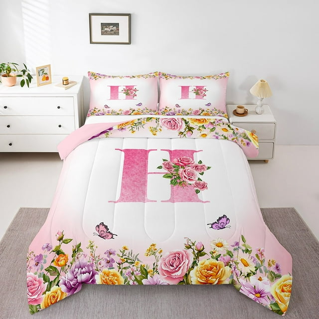 Erosebridal Letter Initial Comforter Sets Queen Size,Monogrammed Personalized Bedding Queen Comforter Set,Flower Decor,Reversible,Ultra Soft,3-Piece