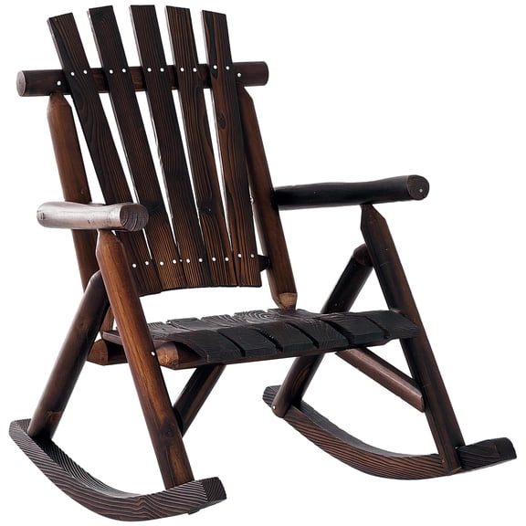 Brown Wooden Adirondack Rocking Chair with Slatted Seat High Backrest Armrests for Patio Garden Porch