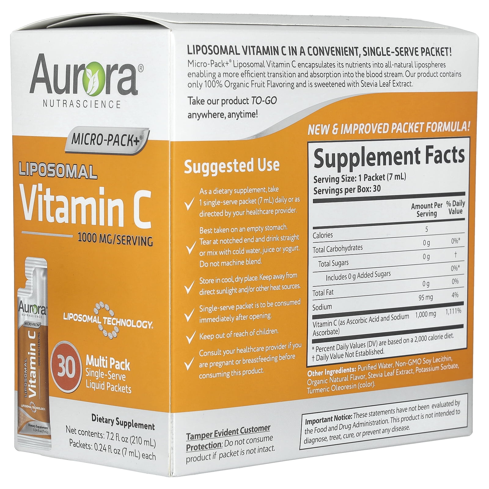 Aurora Nutrascience Micro-Pack+ Liposomal Vitamin C, 1,000 mg, 30 Single-Serve Liquid Packets, 0.24 fl oz (7 ml) Each