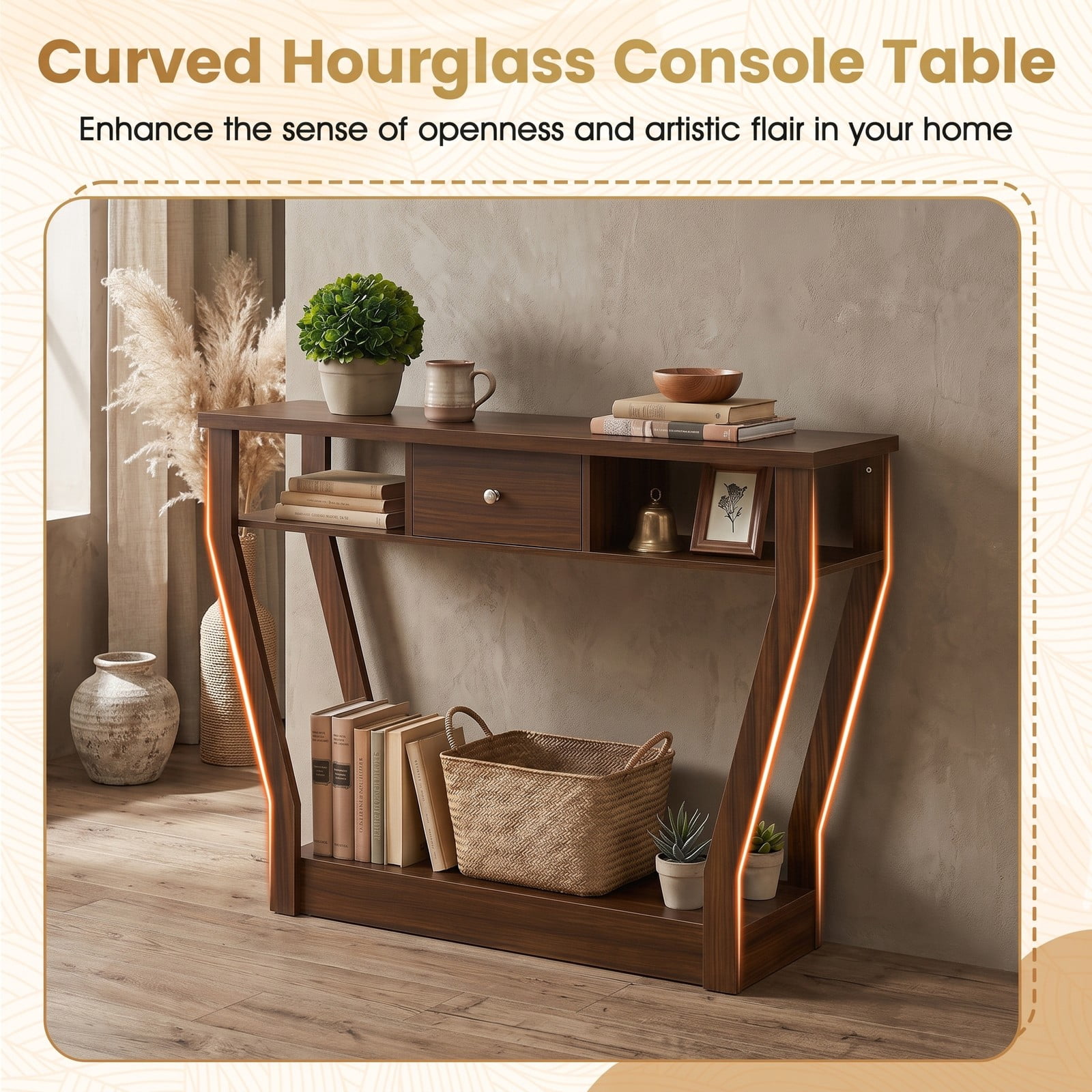 Furnibear Console Hall Table with Storage Drawer and Open Display Shelf and Angled Wood Legs for Entryway and Hallway, Walnut