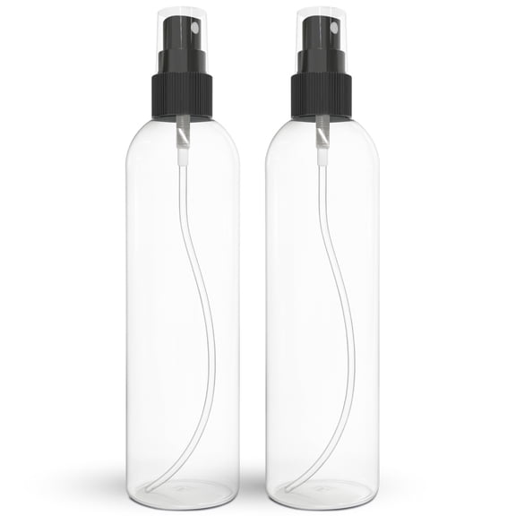 Fine Mist Spray Bottles 8 OZ, Empty Refillable Containers - Essential Oils, Disinfectant Spray, Water 2 PACK (Clear, Black Mist)
