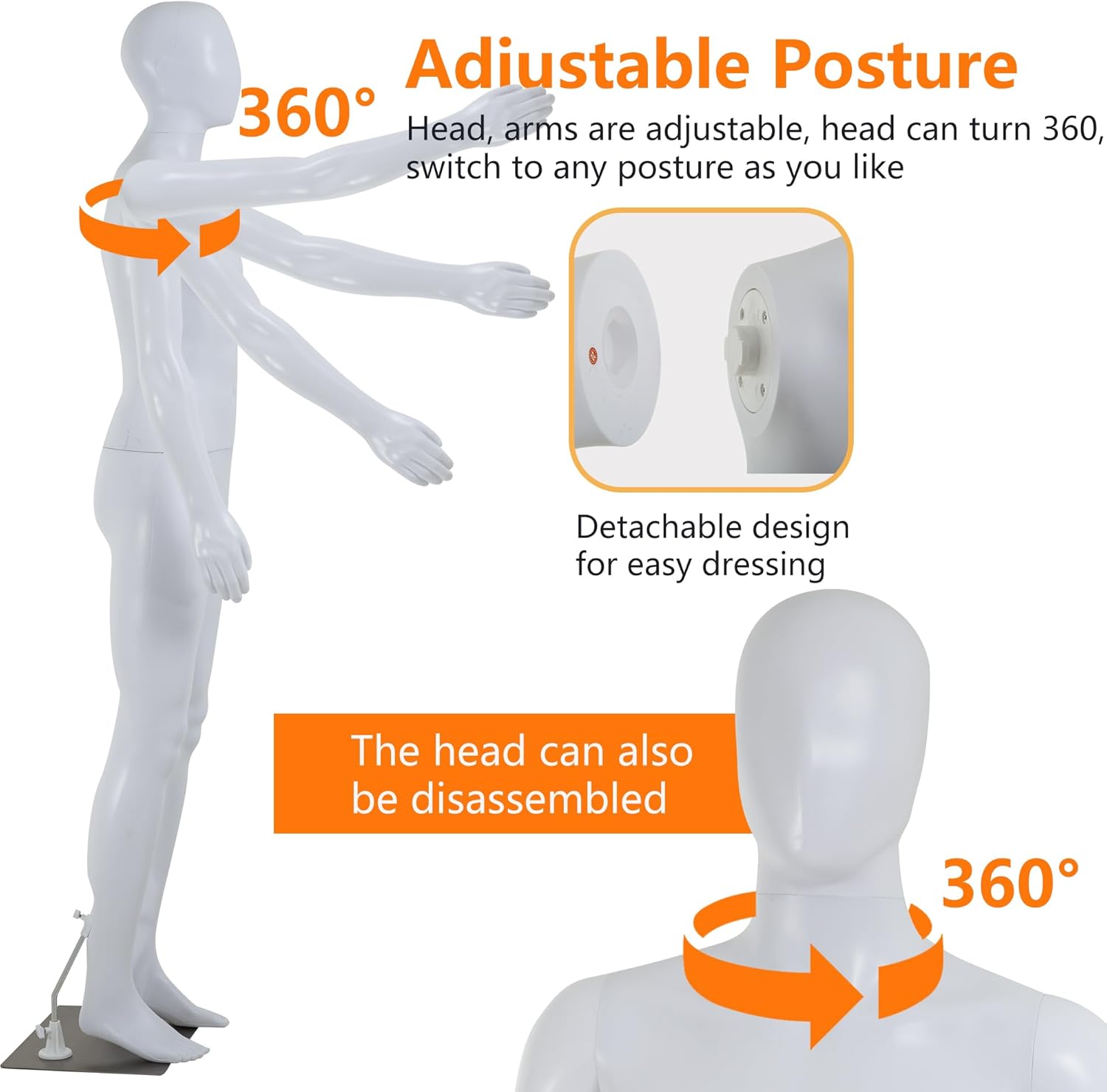 PayLessHere 73in Full Body Male Mannequin White PP Material Display Detachable Torso