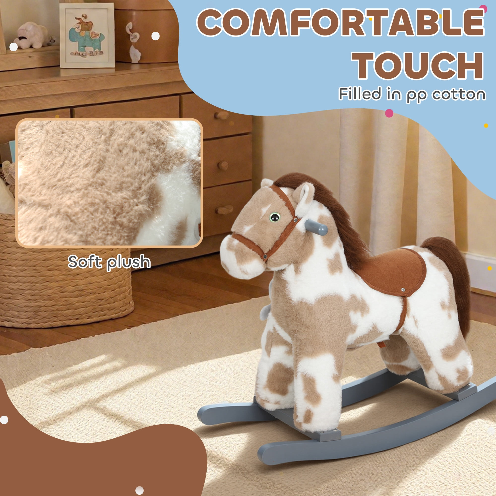 Rocking Horse, Kids Plush Animal Rocker with Realistic Neigh for Toddlers, Soft Filling Ride on Horse with Rabbit Toy, Brown