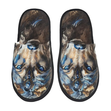 Balery Vintage Blue Floral Wolf Slient Indoor Furry Fleece Comfort House Shoes Soft Non-Slip Home Shoes Cotton slippers House Slippers-- Medium