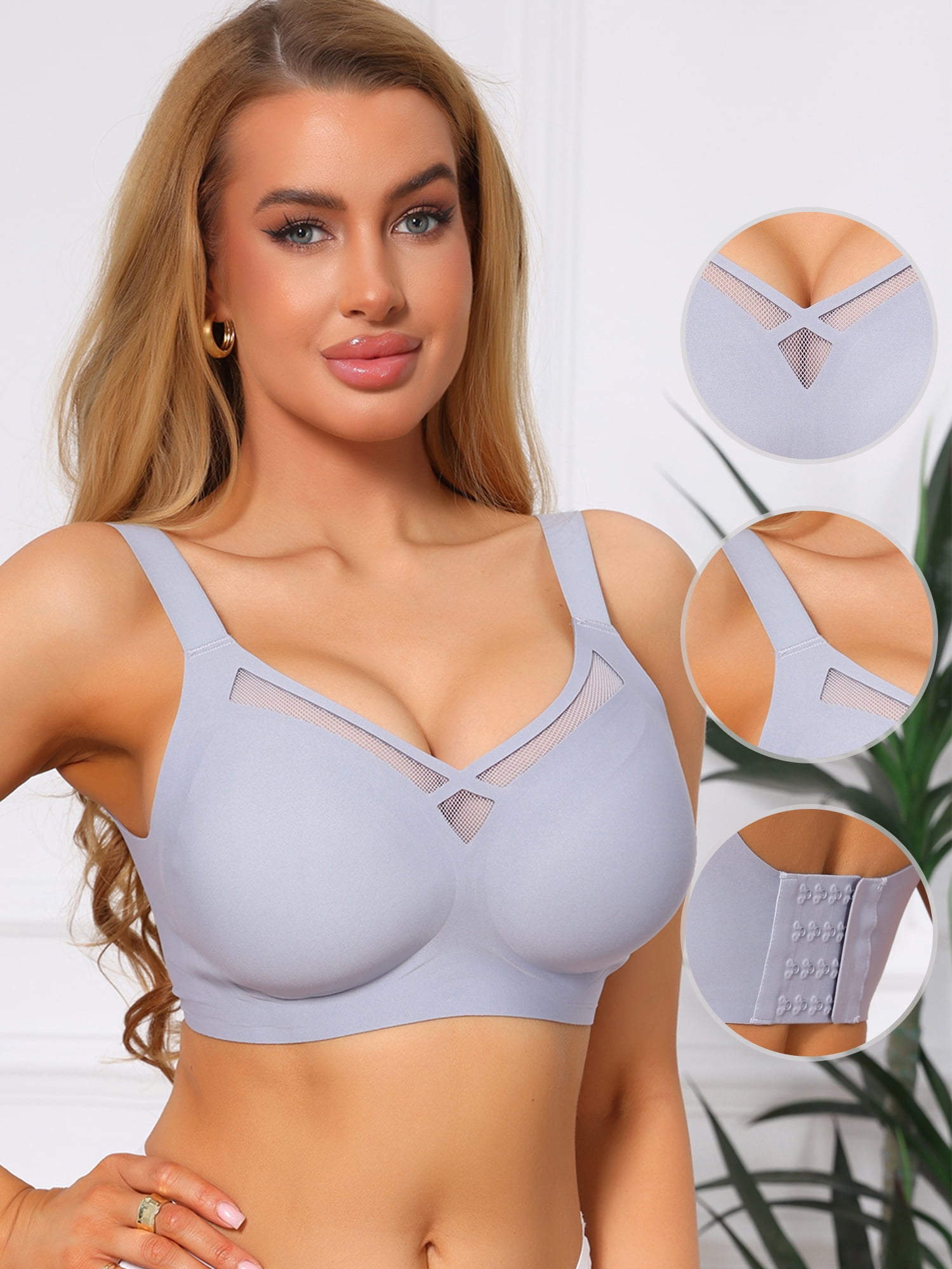 DARING DIVA Women's V-Neck Mesh Full Coverage Wireless Soft Cup Minimizer M Blue
