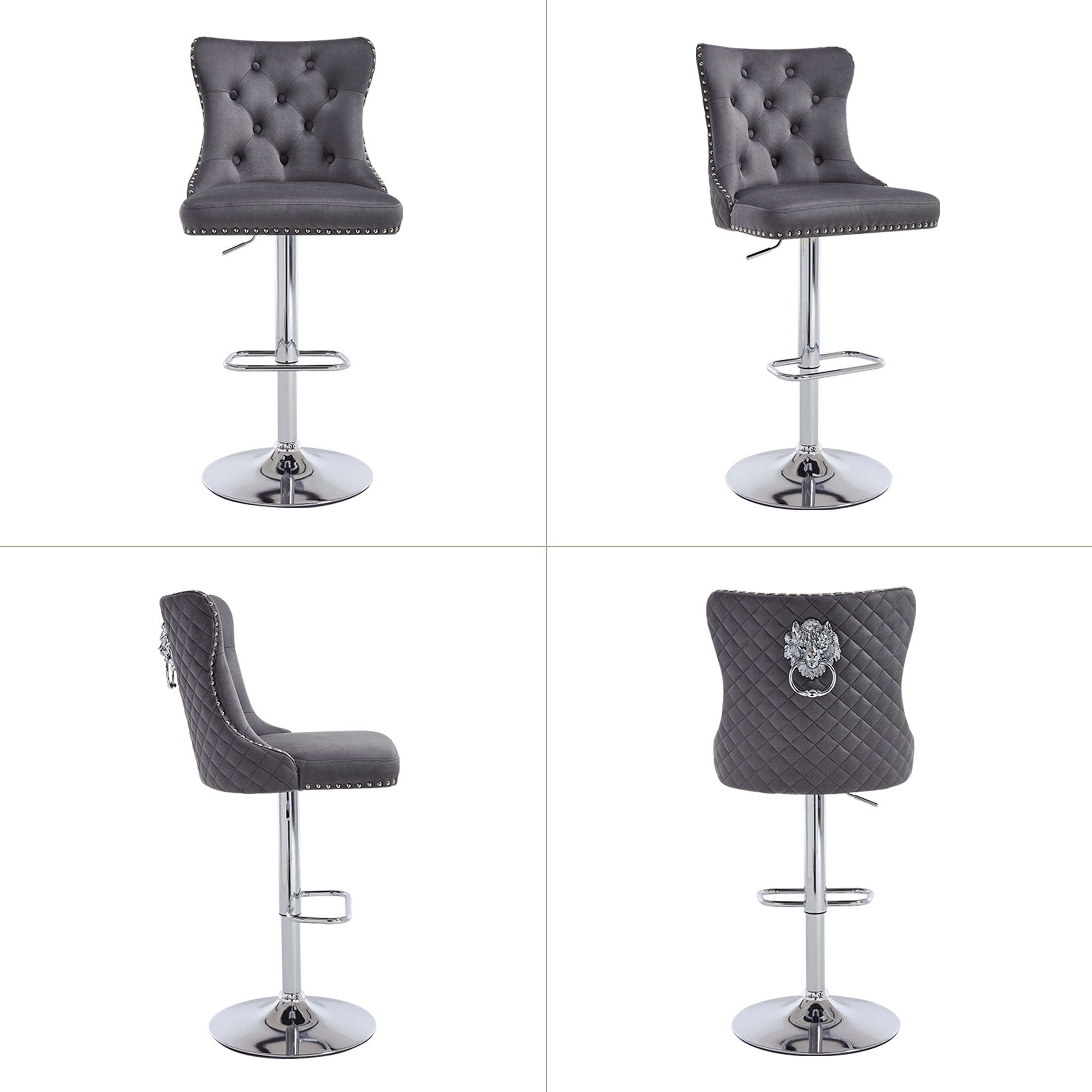 Velvet Bar Stools Set of 4 Modern Counter Height Bar Stools with Lion Pull Ring Tufted High Back, Nailhead Upholstered Barstools for Home Kitchen, Swivel Adjustable Stool Chair in Dark Grey