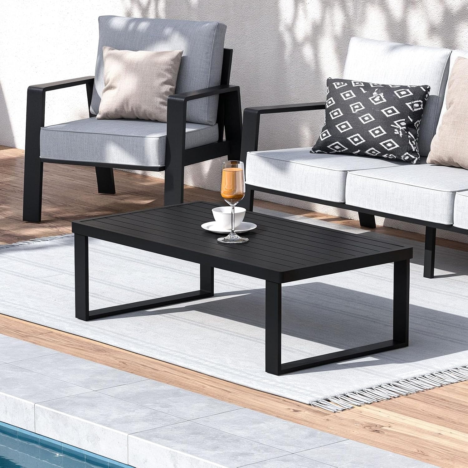 YOEEMZ Aluminum Outdoor Patio Coffee Table for Deck, and Poolside (Black, All-Aluminum)