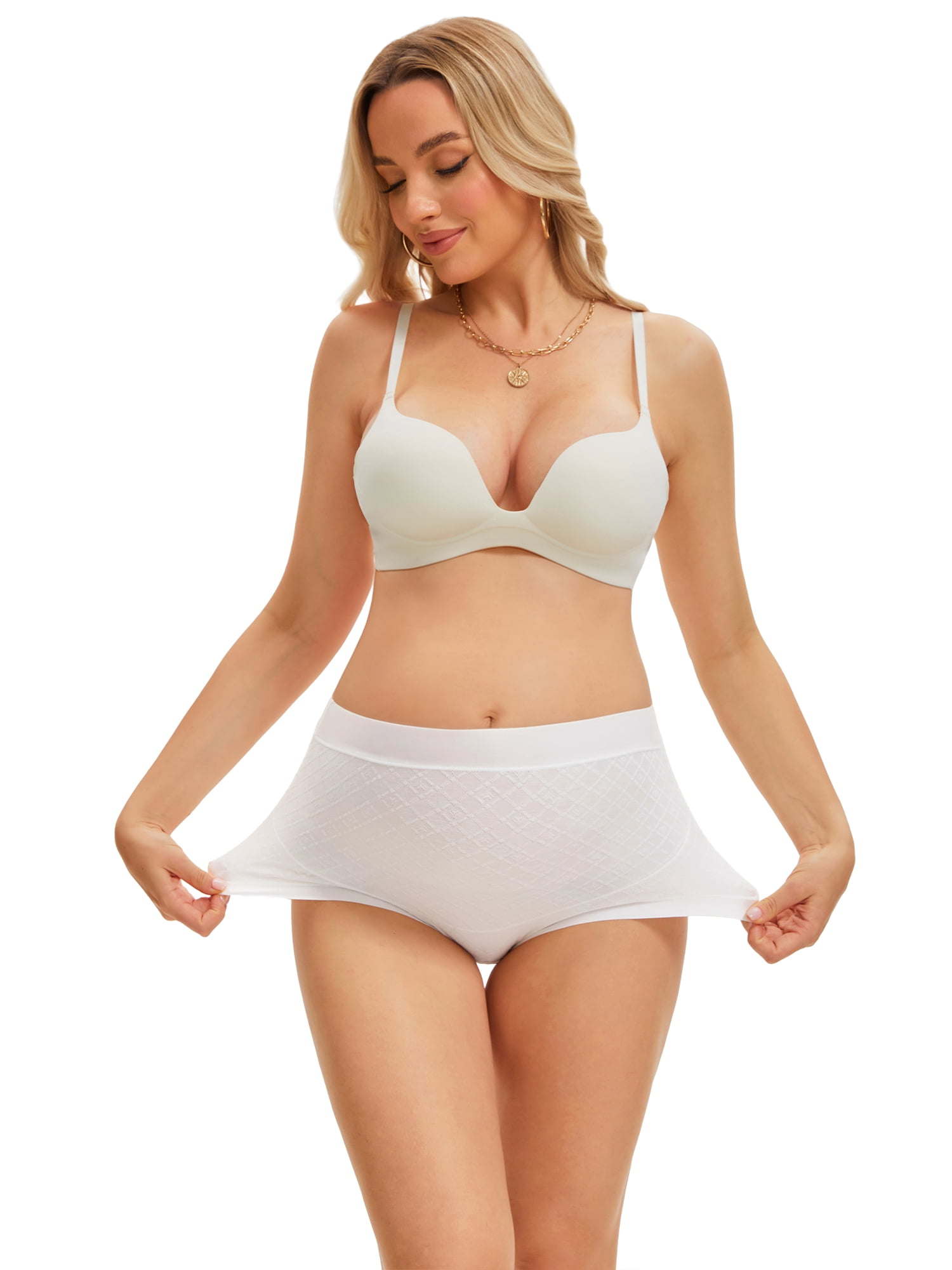 DARING DIVA Women's High Waist Cotton Underwear Jacquard Texture Briefs L Grid White