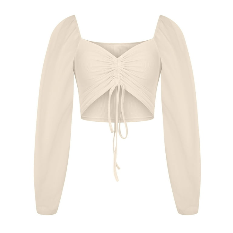 Yyeselk Women's Long Sleeve Cropped Tops V Neck Ruched Yyeselk Women's Long Sleeve Cropped Tops V Neck Ruched