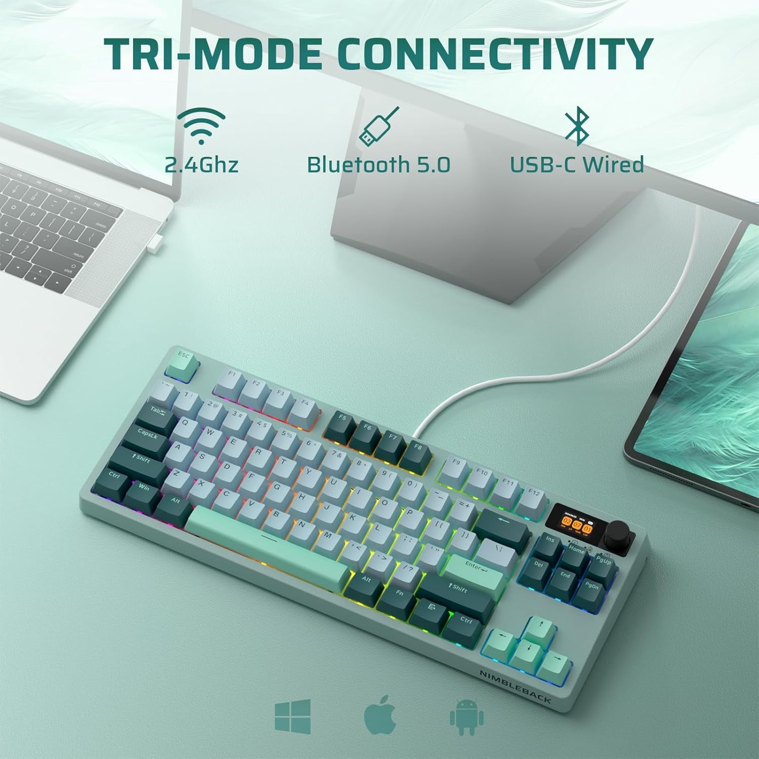LTC Nimbleback NB841 PRO 75% Wireless Mechanical Keyboard w/Display Screen & Knob, 2.4G/ BT/USB-C Wired RGB 84 Keys Gaming Keyboard, 3-Layer Dampener, Hot Swap PCB, Software Support, Linear Switch