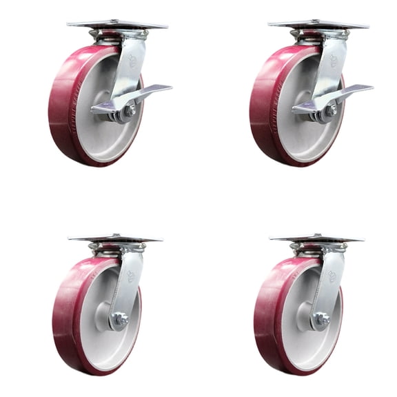 8 Inch Poly on Aluminum Caster Set with Roller Bearing 4 Swivel Lock and 2 Brake