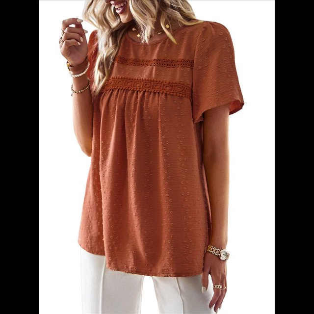 Blusas de Verano para Mujer, Cuello Redondo, Corta, Blusas Casuales de con Dobladillo de Encaje Fluido, Ropa de Moda 2025 Marrón XL