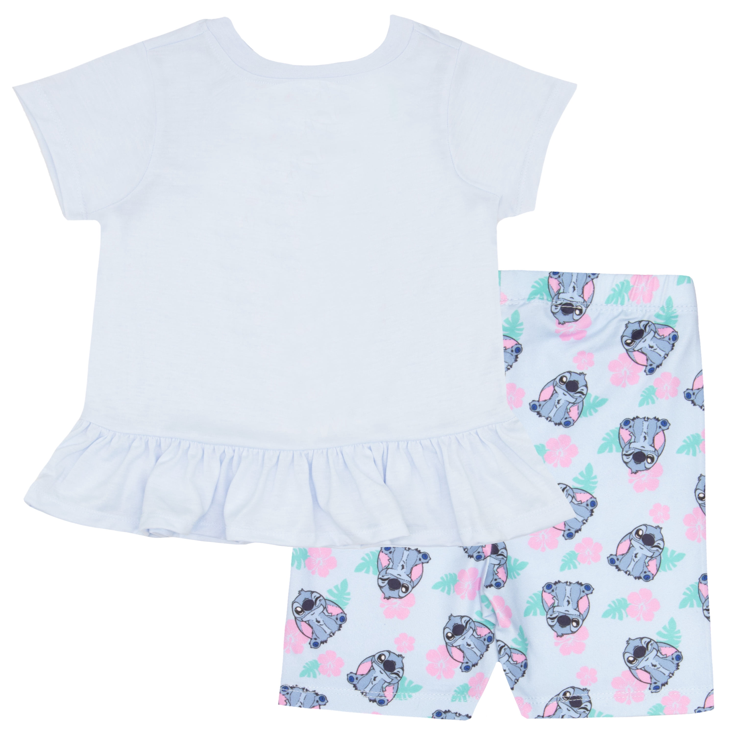 Disney Lilo & Stitch Girls 2-Piece Set - Ruffle Hem Short Sleeve Graphic Print T-Shirt and Biker Shorts - Summer Outfit for Kids and Toddlers (Sizes 2T-6X)