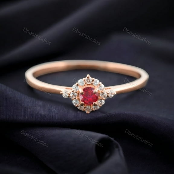 Red Garnet Women Ring Diamond Halo Wedding Ring Minimalist Stacking Jewelry January Birthstone Gift Rose Gold Promise Ring Statement Rings