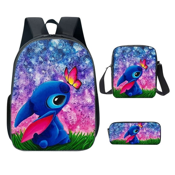 Stitch School Cartoon Backpack Set 3 PCS Stitch Backpack with Crossbody Bag Pencil Case School Bag Lightweight Waterproof Bag, Laptop Backpack for Boys and Girls School Season Gifts